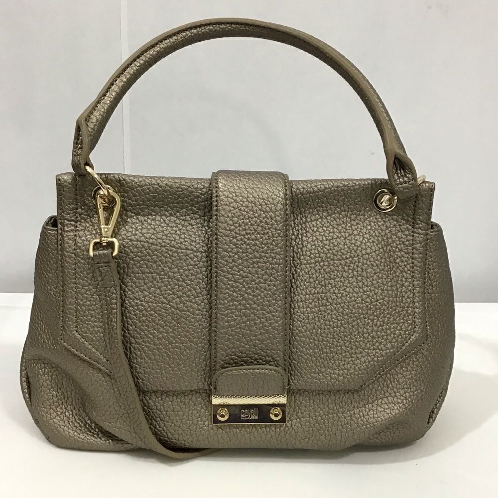 Cavalli Class Metallic Gold Cosmopolitan Satchel Cross Body Bag Removable Strap